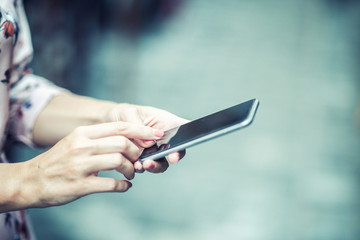 Woman is checking phone message