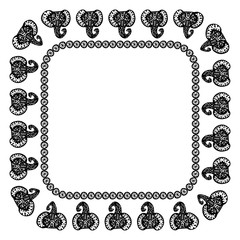 Beautiful card with Elephant Indian with ornaments. Square frame for your text. Hand drawn banner template with ethnic Elephant head. Black contour isolated on white background. Vector