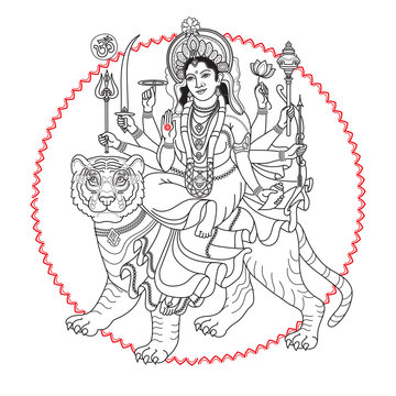 Hindy Goddess Durga Sitting On The Tiger.