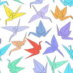 Japanese Origami paper cranes symbol of happiness, luck and longevity, sketch seamless pattern. purple blue yellow orange red brown green line on white background. Vector