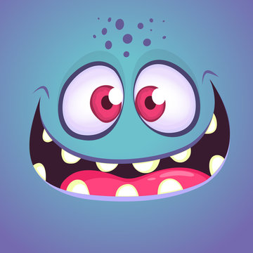 Funny cartoon monster face. Vector Halloween blue  monster with wide mouth smiling.