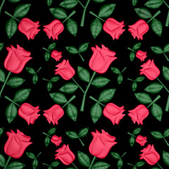 Floral seamless 3d pattern, red roses with green leaves on a black background
