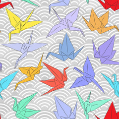 Fototapeta na wymiar Origami white paper cranes set sketch seamless pattern. line Nature oriental background with japanese wave circle pattern red yellow blue green purple colors on grey background. Vector