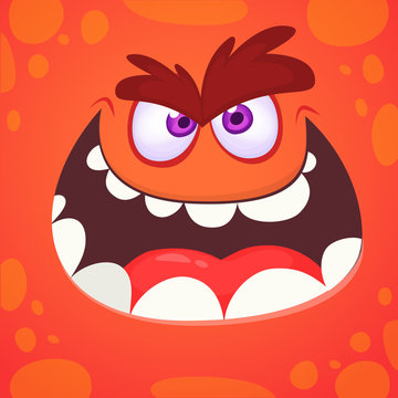 Scary cartoon monster face design. Vector Halloween orange monster illustration isolated