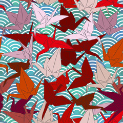 Origami white paper cranes set sketch seamless pattern. line Nature oriental background with japanese wave circle pattern burgundy maroon pink brown colors on green blue background. Vector
