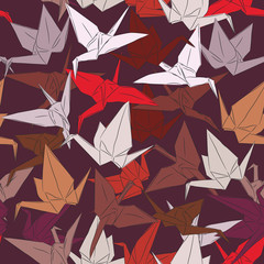Japanese Origami paper cranes symbol of happiness, luck and longevity, sketch seamless pattern. purple orange red white pink on brown background. Vector
