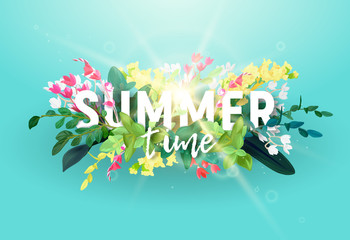 White volumetric inscription on the background of a composition of flowers, branches and leaves of green plants. A summer design of a poster or banner with sun rays. Vector illustration.