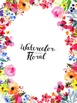 Watercolor Floral Background. Hand painted border of flowers. Frame isolated on white and brush lettering. Rose, poppy and peony illustration Spring blossom
