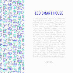 Eco smart house concept with thin line icons: solar battery, security, light settings, appliances, artificial intelligence, mobile app control. Energy saving and new technologies vector illustration.