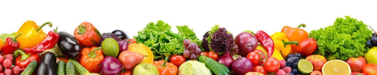 Panoramic collection fresh fruits and vegetables for skinali isolated on white background.