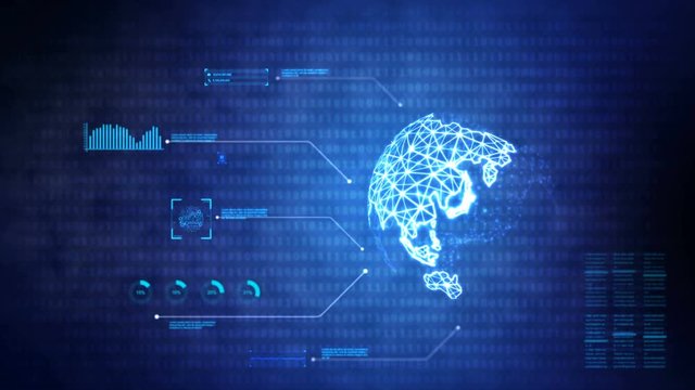 4K Animation of user interface HUD globe world spinning on dark background for cyber futuristic concept with grain processed