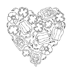 Heart of Bell Peppers. Whal Pepper, Half of Sweet Paprika, Cuts. Fresh Ripe Raw Vegetables. Healthy Vegan Cuisine. Hand Drawn Vector Illustration. Savoyar Doodle Style.