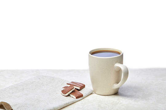 Close-up white cup of coffee with chocolate on white background, sele