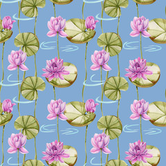 Watercolor pink lotus seamless pattern, hand painted on a blue background