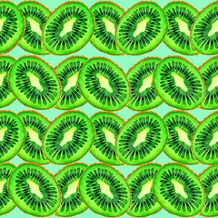 Kiwifruits halves slices, seamless pattern design, hand painted watercolor illustration, soft blue background