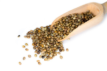 Closeup of hempseeds presented on a small wooden scoop