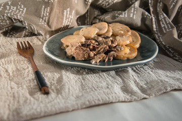 juicy steak veal beef meat with tomato and potatoes