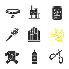 Pets supplies glyph icons set