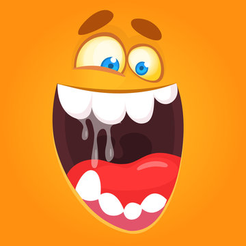 Cool happy cartoon monster face. Vector Halloween orange monster with wide mouth smiling full of saliva.