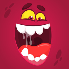 Scared happy cartoon monster face. Vector Halloween pink monster with wide mouth