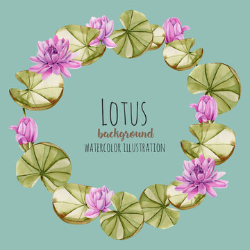 Watercolor pink lotus wreath, greeting card template, hand painted on a blue background