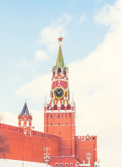 View of the Red Square and the Spassky tower winter sunset