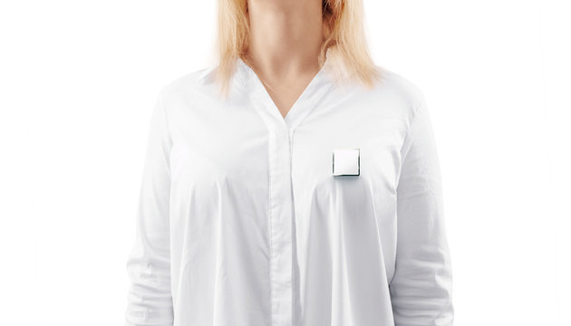 Blank White Square Silver Lapel Badge Mock Up On Woman Chest. Empty Hard Enamel Pin Mockup Wear On Shirt. Metal Clasp-pin Medal Design Template. Expensive Brooch For Logo Presentation