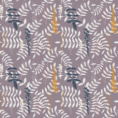 Floral vector seamless pattern with hand drawn  meadow flowers, twigs and leaves.