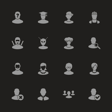 Users Avatar icons - Gray symbol on black background. Simple illustration. Flat Vector Icon.