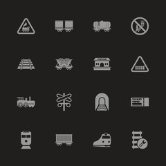 Trains icons - Gray symbol on black background. Simple illustration. Flat Vector Icon.