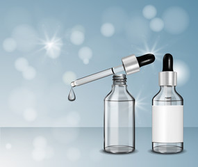 White glass transparent bottle. Silver cap with dropper. Shining bokeh background