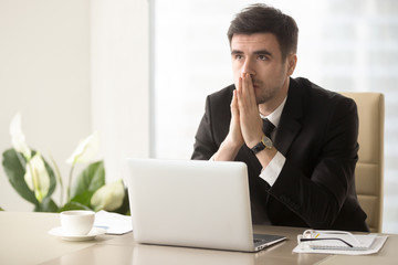 Worried company leader thinking about problem solution, pondering important question, frustrated...