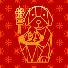 DOG WITH LUCK
Lovely golden dog sitting behind chinese gold bar with lucky word in chinese are greeting people for good luck this new year, Year of dog.