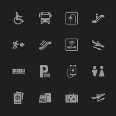Airport icons - Gray symbol on black background. Simple illustration. Flat Vector Icon.
