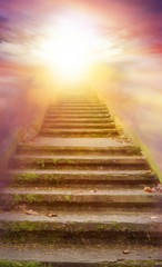Fototapeta na wymiar Light in dark sky . Stairs in sky . Religion for the person . Way to heaven . Way to God . bright light from heaven . Religious background . steps leading up to the sun 
