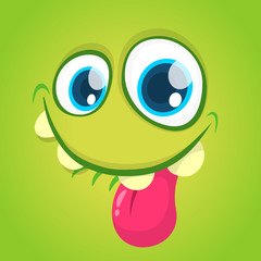 Funny cartoon monster face with big eyes showing tongue. Vector Halloween green monster
