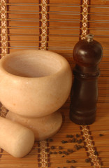 spices, mortar, pepper mill