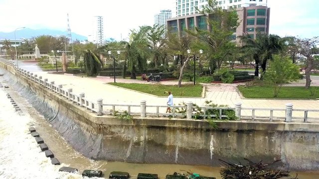 Waves Roll on Seafront Tourist Makes Video Upper View