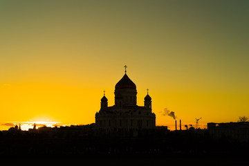 Sunset over the Moscow River And Orthodox Cathedral of Christ the Saviour in Russia