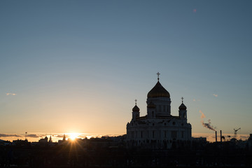 Sunset over the Moscow River And Orthodox Cathedral of Christ the Saviour in Russia