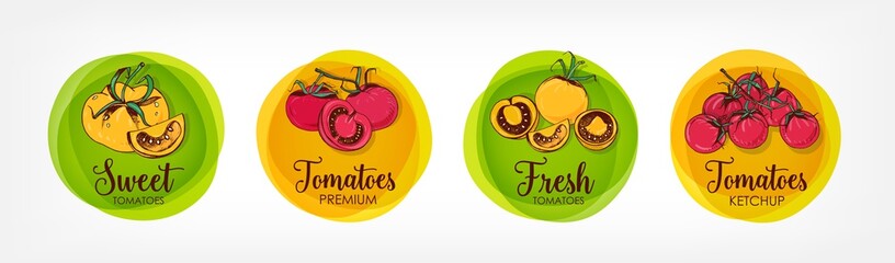 Collection of bright colored round labels for tomatoes, ketchup and related premium products. Bundle of circular tags with colorful hand drawn organic vegetables. Vector illustration for veggie food.