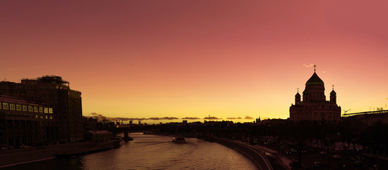 Sunset over the Moscow River And Orthodox Cathedral of Christ the Saviour in Russia