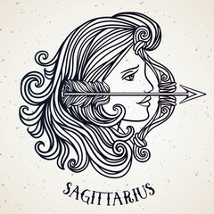 Beautiful line art filigree zodiac symbol. Black sign on vintage background.Elegant jewelry tattoo.Engraved horoscope symbol.Doodle mystic drawing with calligraphy lettering.Saggitarius