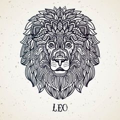 Beautiful line art filigree zodiac symbol. Black sign on vintage background.Elegant jewelry tattoo.Engraved horoscope symbol.Doodle mystic drawing with calligraphy lettering.Leo