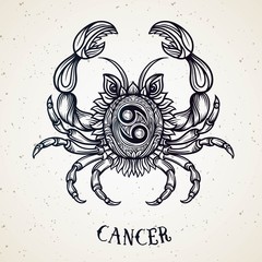 Beautiful line art filigree zodiac symbol. Black sign on vintage background.Elegant jewelry tattoo.Engraved horoscope symbol.Doodle mystic drawing with calligraphy lettering.Cancer