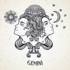 Beautiful line art filigree zodiac symbol. Black sign on vintage background.Elegant jewelry tattoo.Engraved horoscope symbol.Doodle mystic drawing with calligraphy lettering.Gemini