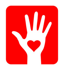 Obraz premium Hand with heart icon on red background. Vector illustration.
