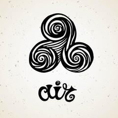 Beautiful line art filigree zodiac symbol of element. Black sign on vintage background.Elegant jewelry tattoo.Engraved horoscope symbol.Doodle mystic drawing with calligraphy lettering.Air