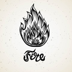 Beautiful line art filigree zodiac symbol of element. Black sign on vintage background.Elegant jewelry tattoo.Engraved horoscope symbol.Doodle mystic drawing with calligraphy lettering.Fire