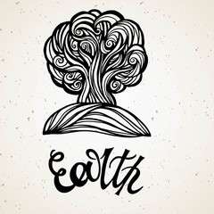 Beautiful line art filigree zodiac symbol of element. Black sign on vintage background.Elegant jewelry tattoo.Engraved horoscope symbol.Doodle mystic drawing with calligraphy lettering.Earth